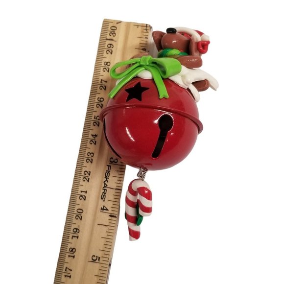 Dog Christmas Ornament w Brown Puppy on Red Bell Hanging Candy Cane Santa Hat - Picture 5 of 5